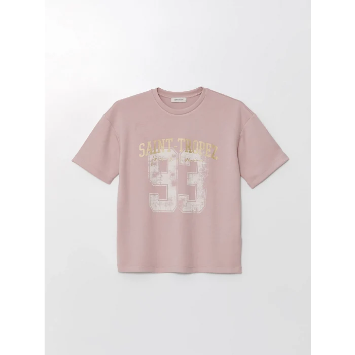 LCW Vision Pembe Bisiklet Yaka Baskılı Kısa Kollu Oversize Kadın Tişört