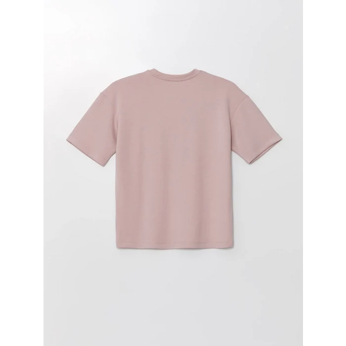 LCW Vision Pembe Bisiklet Yaka Baskılı Kısa Kollu Oversize Kadın Tişört