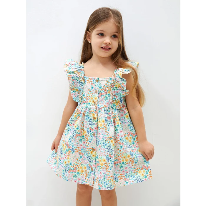 LCW Kids Karişik Kare Yaka Desenli Kız Bebek Elbise