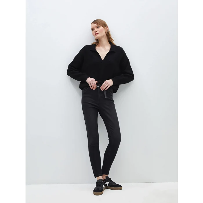 LCW Jeans Siyah Beli Kemerli Jüpiter Süper Skinny Fit Kadın Jean Pantolon