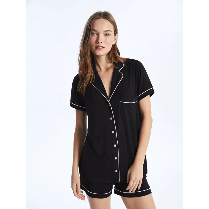 LCW DREAM Siyah Gömlek Yaka Düz Kısa Kollu Kadın Şortlu Pijama Takımı