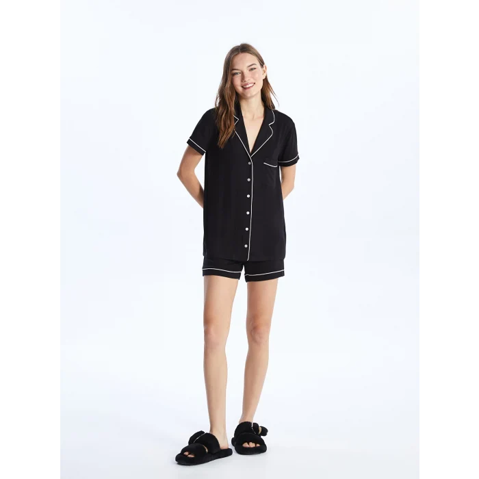 LCW DREAM Siyah Gömlek Yaka Düz Kısa Kollu Kadın Şortlu Pijama Takımı