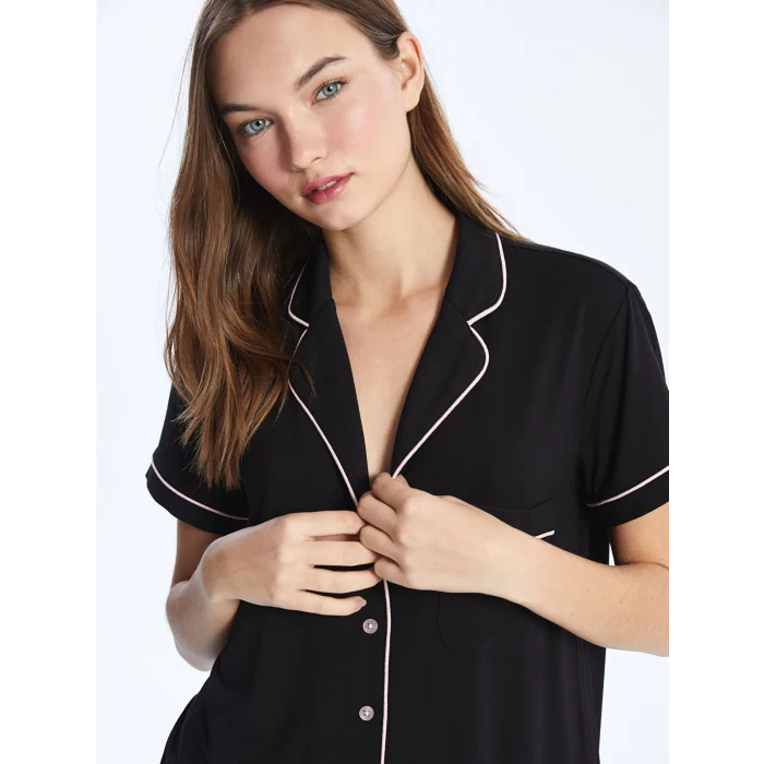 LCW DREAM Siyah Gömlek Yaka Düz Kısa Kollu Kadın Şortlu Pijama Takımı