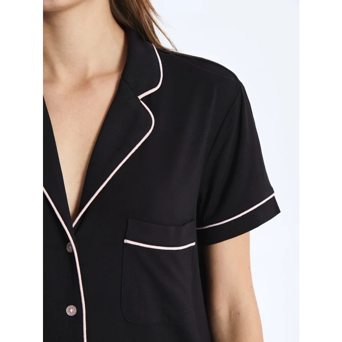 LCW DREAM Siyah Gömlek Yaka Düz Kısa Kollu Kadın Şortlu Pijama Takımı