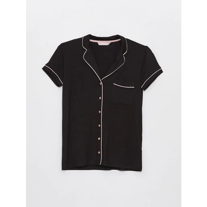 LCW DREAM Siyah Gömlek Yaka Düz Kısa Kollu Kadın Şortlu Pijama Takımı