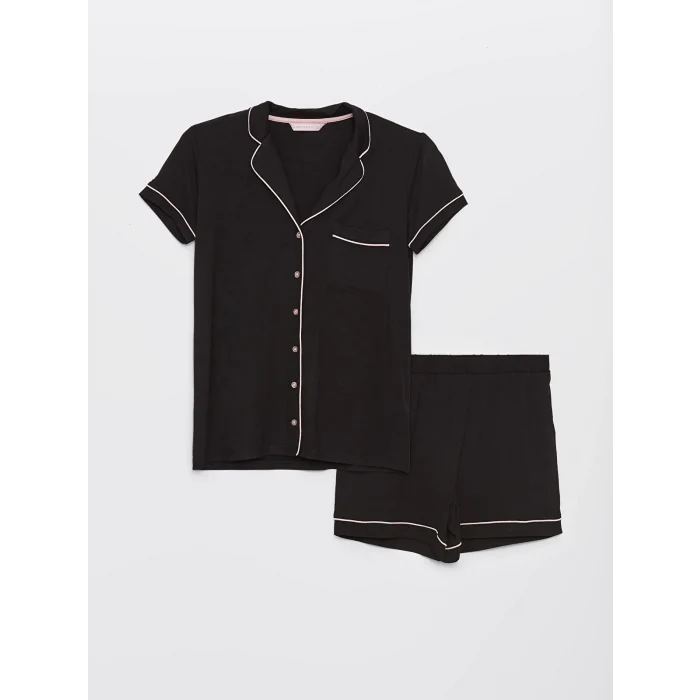 LCW DREAM Siyah Gömlek Yaka Düz Kısa Kollu Kadın Şortlu Pijama Takımı