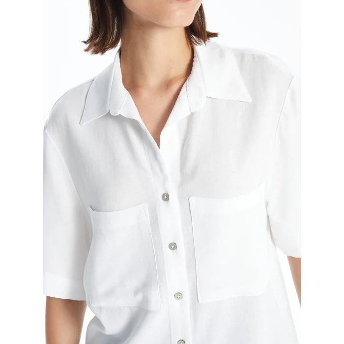 LCW Vision Beyaz Düz Kısa Kollu Keten Karışımlı Kadın Gömlek