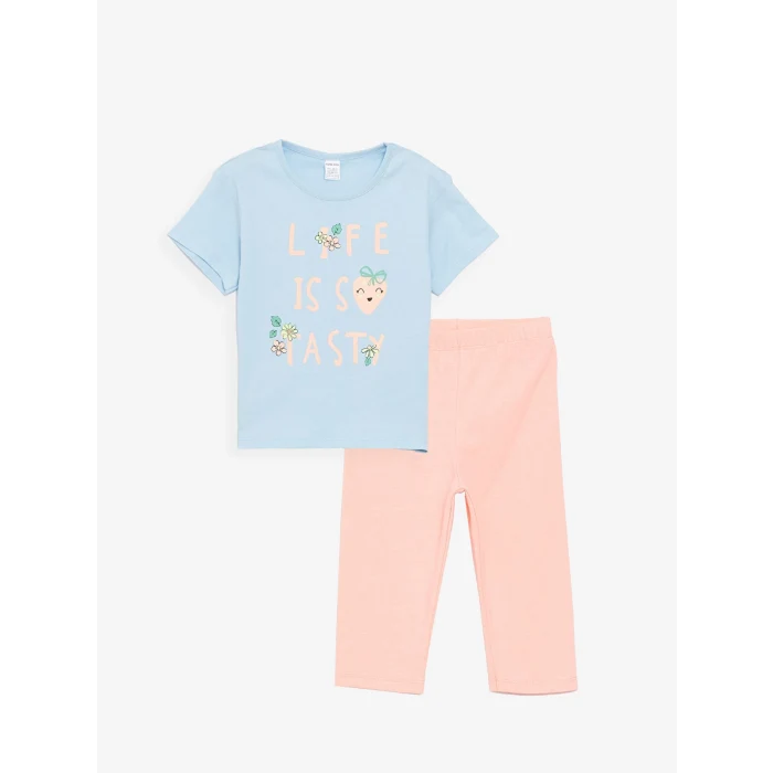 LCW Kids Mavi Bisiklet Yaka Kısa Kollu Baskılı Kız Bebek Tişört ve Tayt 2li Takım