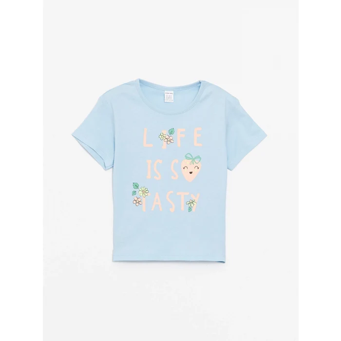 LCW Kids Mavi Bisiklet Yaka Kısa Kollu Baskılı Kız Bebek Tişört ve Tayt 2li Takım