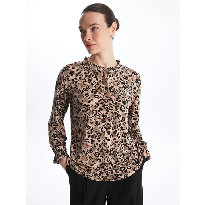 LCW Grace Kahverengi Bağlamalı Yaka Desenli Uzun Kollu Kadın Bluz