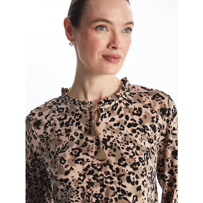 LCW Grace Kahverengi Bağlamalı Yaka Desenli Uzun Kollu Kadın Bluz