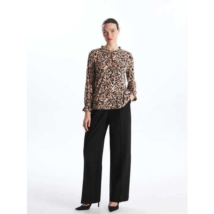 LCW Grace Kahverengi Bağlamalı Yaka Desenli Uzun Kollu Kadın Bluz