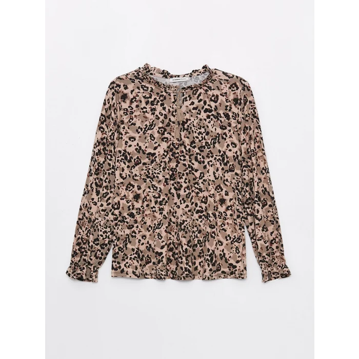 LCW Grace Kahverengi Bağlamalı Yaka Desenli Uzun Kollu Kadın Bluz