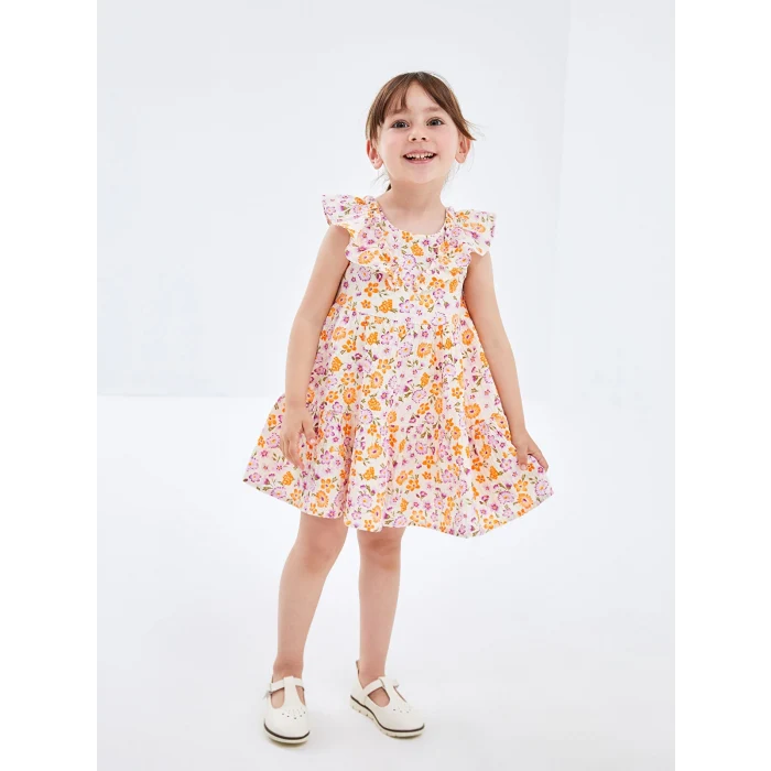 LCW Kids Ekru Kare Yaka Kolsuz Çiçek Desenli Kız Bebek Elbise