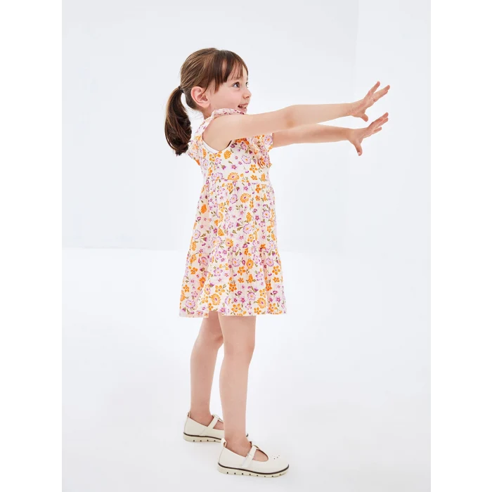 LCW Kids Ekru Kare Yaka Kolsuz Çiçek Desenli Kız Bebek Elbise