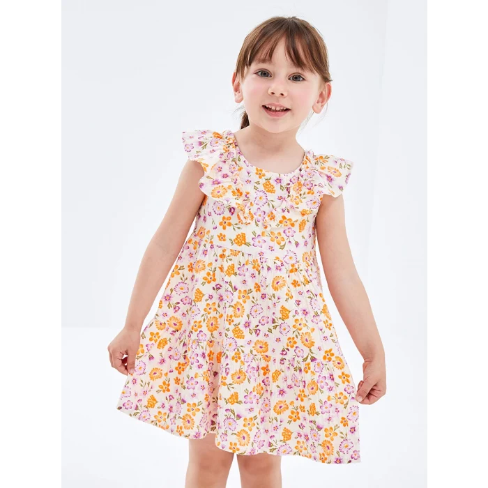 LCW Kids Ekru Kare Yaka Kolsuz Çiçek Desenli Kız Bebek Elbise