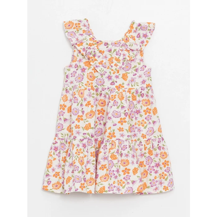 LCW Kids Ekru Kare Yaka Kolsuz Çiçek Desenli Kız Bebek Elbise