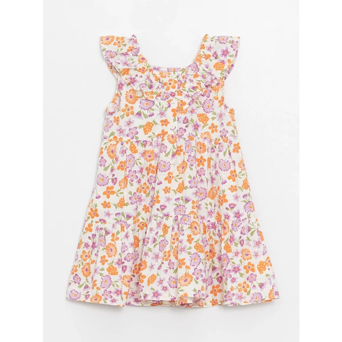 LCW Kids Ekru Kare Yaka Kolsuz Çiçek Desenli Kız Bebek Elbise