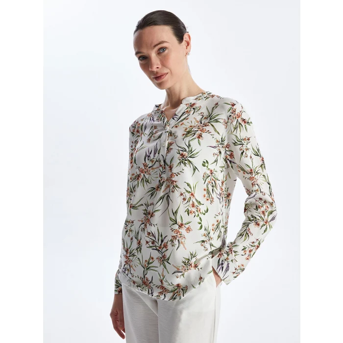 LCW Grace Ekru Kaçık Yaka Çiçekli Uzun Kollu Kadın Bluz