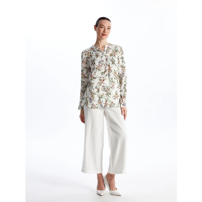 LCW Grace Ekru Kaçık Yaka Çiçekli Uzun Kollu Kadın Bluz