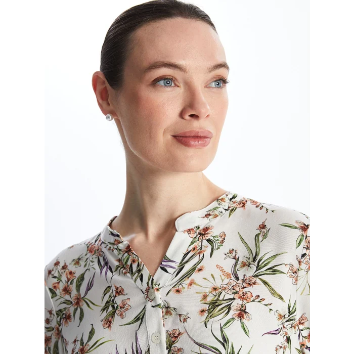LCW Grace Ekru Kaçık Yaka Çiçekli Uzun Kollu Kadın Bluz