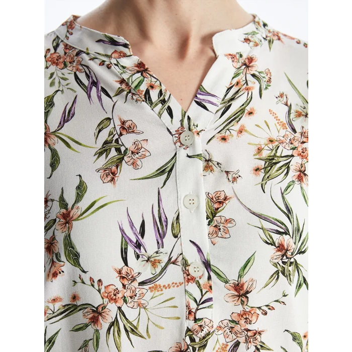 LCW Grace Ekru Kaçık Yaka Çiçekli Uzun Kollu Kadın Bluz