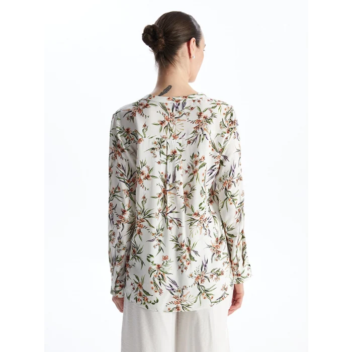 LCW Grace Ekru Kaçık Yaka Çiçekli Uzun Kollu Kadın Bluz