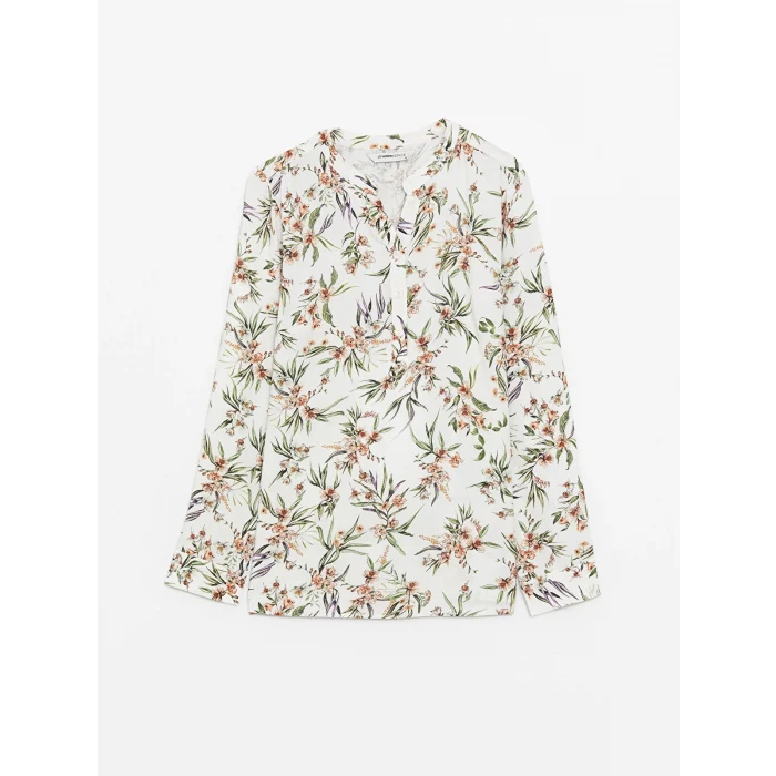 LCW Grace Ekru Kaçık Yaka Çiçekli Uzun Kollu Kadın Bluz