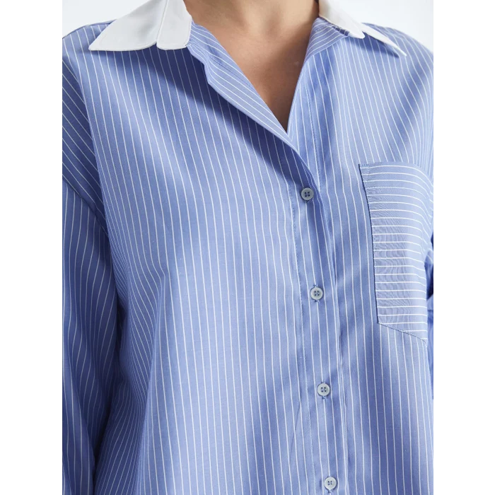 LCW Vision Mavi Çizgili Uzun Kollu Oversize Kadın Gömlek