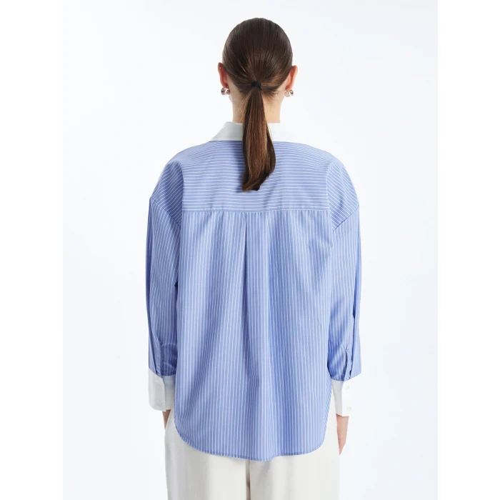 LCW Vision Mavi Çizgili Uzun Kollu Oversize Kadın Gömlek