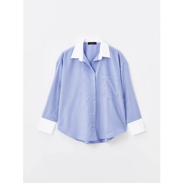 LCW Vision Mavi Çizgili Uzun Kollu Oversize Kadın Gömlek