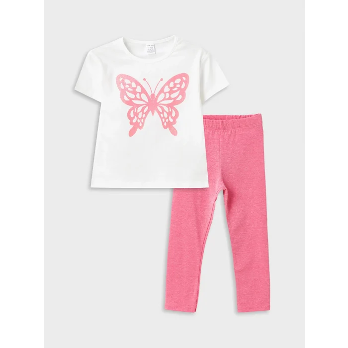 LCW Kids Ekru Bisiklet Yaka Kısa Kollu Baskılı Kız Bebek Tişört ve Tayt 2li Takım