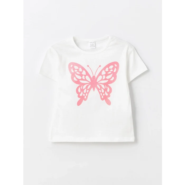 LCW Kids Ekru Bisiklet Yaka Kısa Kollu Baskılı Kız Bebek Tişört ve Tayt 2li Takım