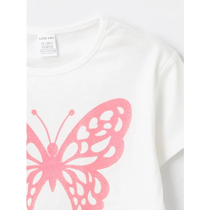 LCW Kids Ekru Bisiklet Yaka Kısa Kollu Baskılı Kız Bebek Tişört ve Tayt 2li Takım