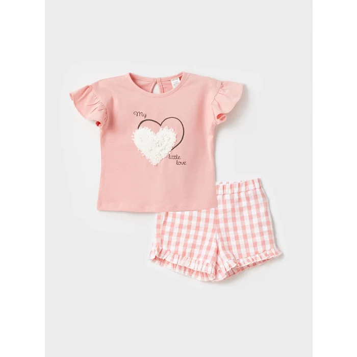 LCW baby Pembe Bisiklet Yaka Kısa Kollu Baskılı Kız Bebek Tişört ve Şort 2li Takım