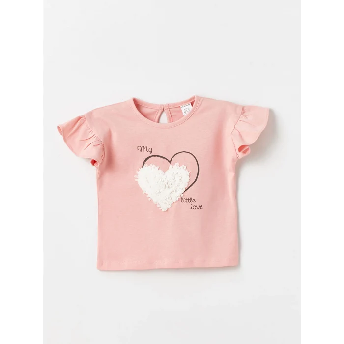 LCW baby Pembe Bisiklet Yaka Kısa Kollu Baskılı Kız Bebek Tişört ve Şort 2li Takım