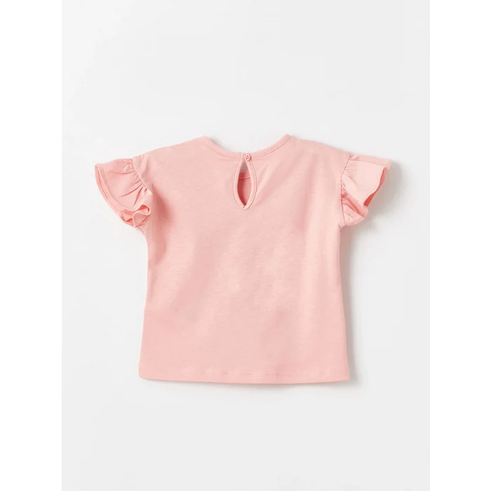 LCW baby Pembe Bisiklet Yaka Kısa Kollu Baskılı Kız Bebek Tişört ve Şort 2li Takım