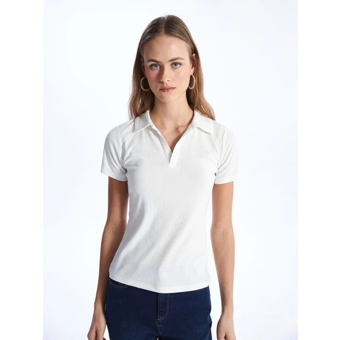 LCWAIKIKI Basic Ekru Polo Yaka Düz Kısa Kollu Kadın Tişört