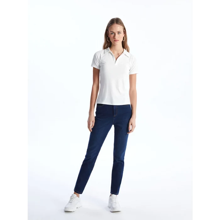 LCWAIKIKI Basic Ekru Polo Yaka Düz Kısa Kollu Kadın Tişört