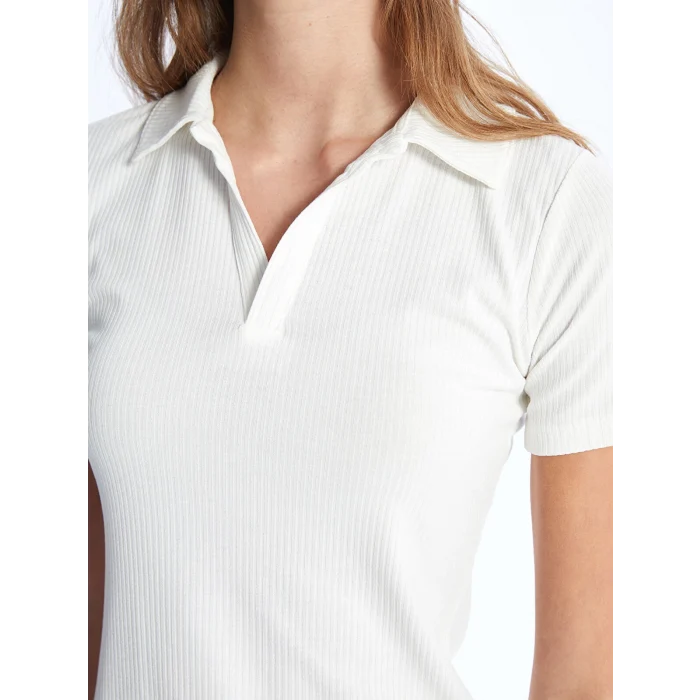 LCWAIKIKI Basic Ekru Polo Yaka Düz Kısa Kollu Kadın Tişört