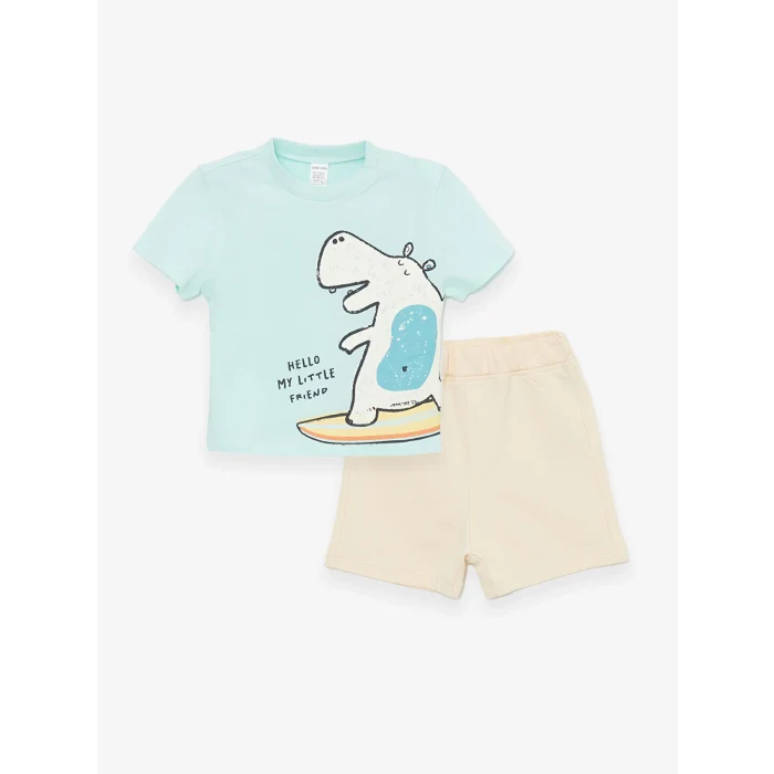 LCW baby Turkuaz Bisiklet Yaka Baskılı Erkek Bebek Tişört ve Şort 2li Takım