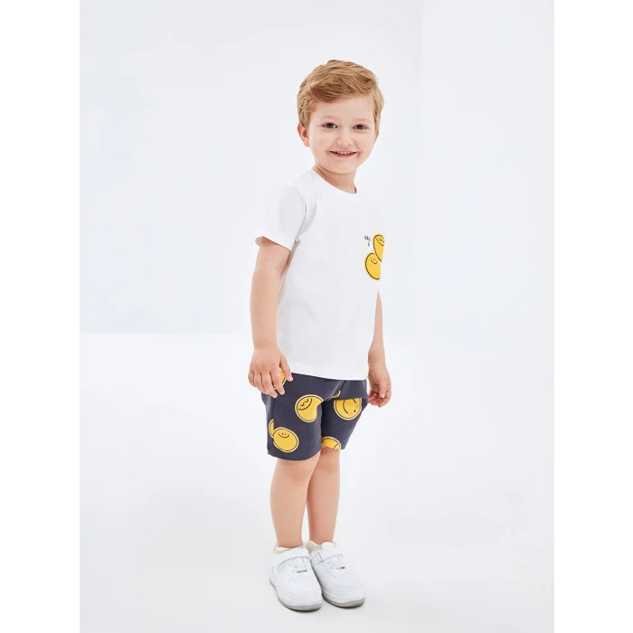 LCW Kids Ekru Bisiklet Yaka Kısa Kollu Baskılı Erkek Bebek Tişört ve Şort 2li Takım