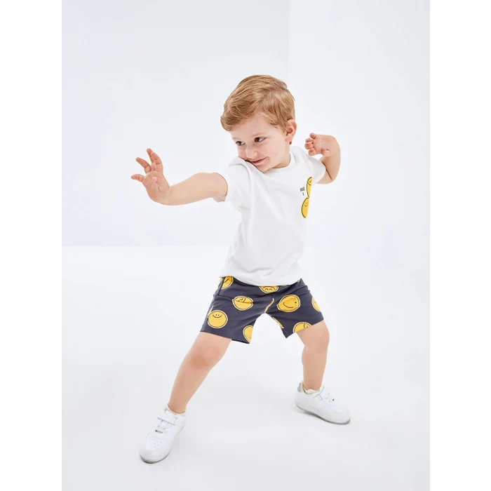 LCW Kids Ekru Bisiklet Yaka Kısa Kollu Baskılı Erkek Bebek Tişört ve Şort 2li Takım