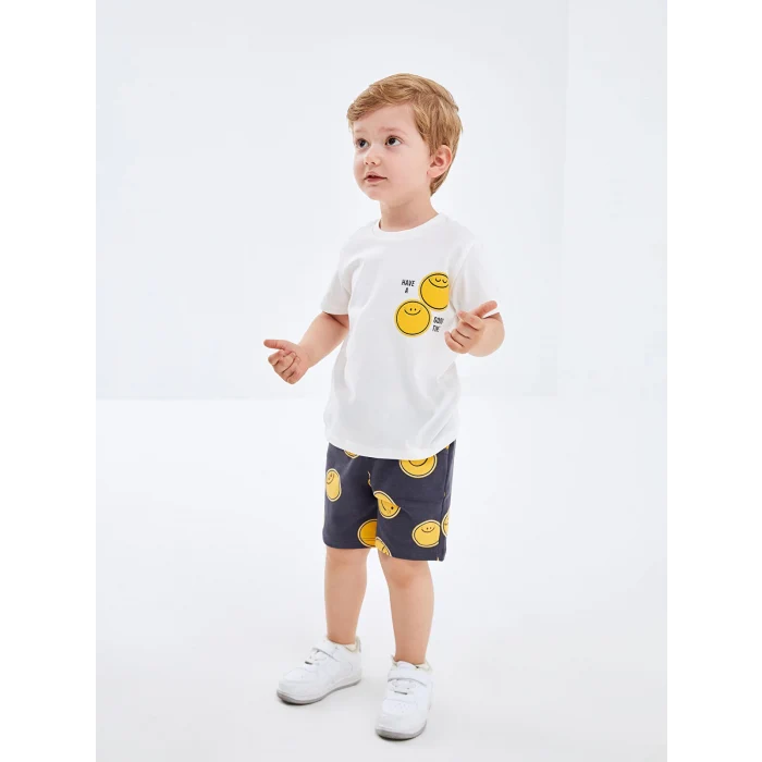 LCW Kids Ekru Bisiklet Yaka Kısa Kollu Baskılı Erkek Bebek Tişört ve Şort 2li Takım