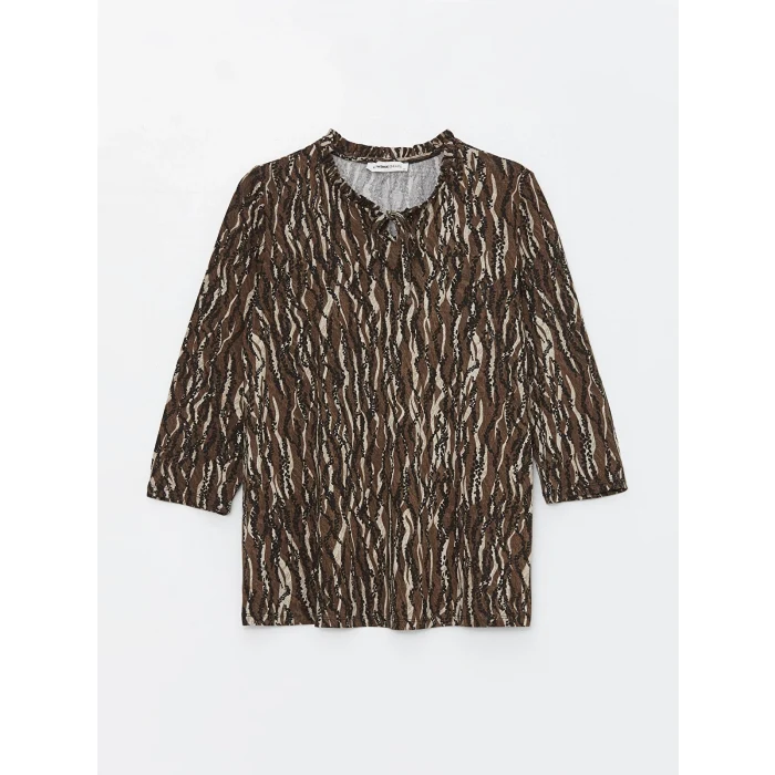 LCW Grace Kahverengi Bağlamalı Yaka Desenli Kadın Tişört