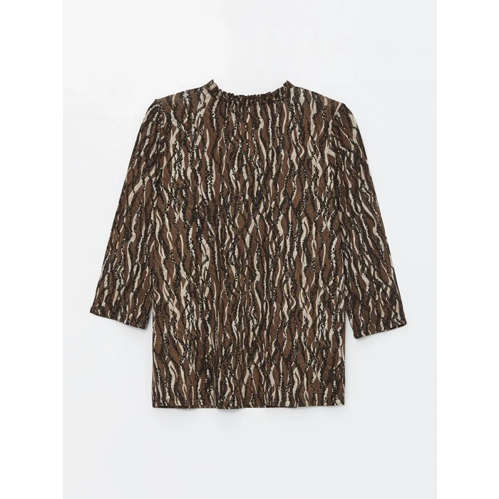 LCW Grace Kahverengi Bağlamalı Yaka Desenli Kadın Tişört