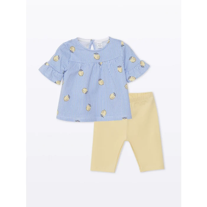 LCW baby Mavi Bisiklet Yaka Çizgili Kız Bebek Bluz ve Tayt 2li Takım