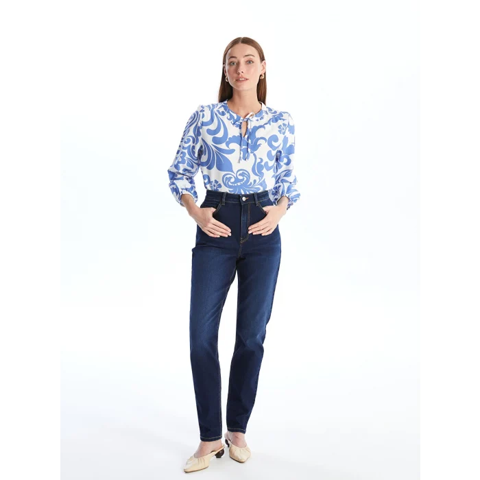 LCWAIKIKI Classic Lacivert Bağlamalı Yaka Çiçekli Uzun Kollu Kadın Bluz