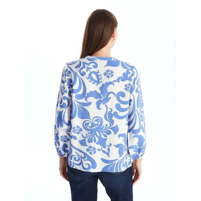 LCWAIKIKI Classic Lacivert Bağlamalı Yaka Çiçekli Uzun Kollu Kadın Bluz