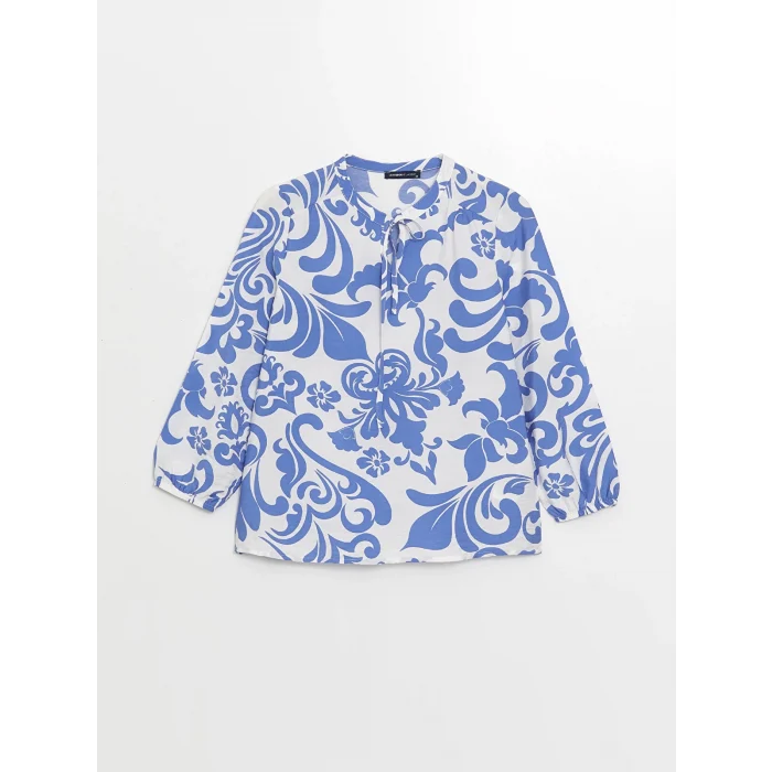 LCWAIKIKI Classic Lacivert Bağlamalı Yaka Çiçekli Uzun Kollu Kadın Bluz